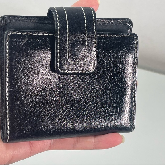 Fossil Genuine Leather Small Trifold Wallet Black White Stitch Snap Coin Purse - Picture 2 of 10